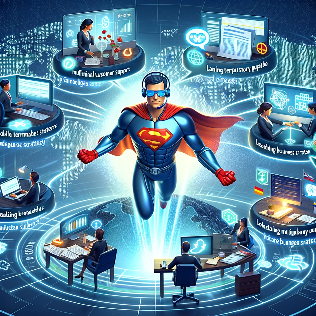 3D illustration of a professional linguist as a superhero aiding global business expansion through multilingual support, terminology management, and localization services.